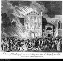 Anti-Catholic Gordon Riots, London. Mob setting fire to Newgate Prison and freeing prisoners, 6-7 June 1780. Copperplate
